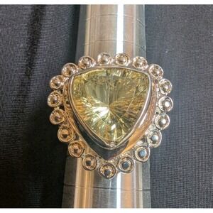 Yellow Trillion Cocktail Ring Womens Size 8.5  Gemstone Halo Silver Tone 9.99g